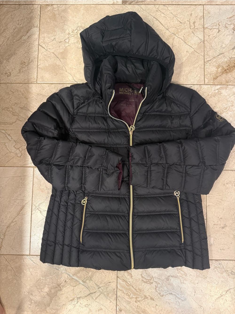 Michael Kors Black Packable Quilted Puffer with Gold Zippers and removable hood